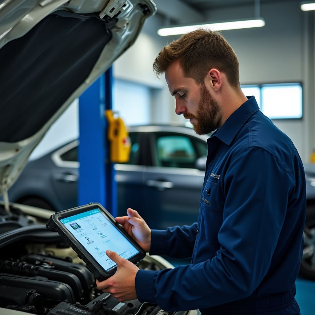 Mecánico profesional trabajando con equipo de diagnóstico